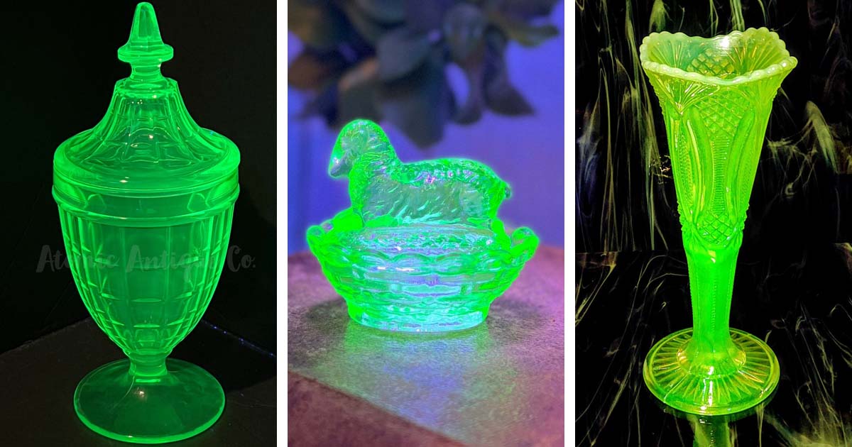 Vintage Uranium Glassware Under a Blacklight Casts an Eerie Green Glow